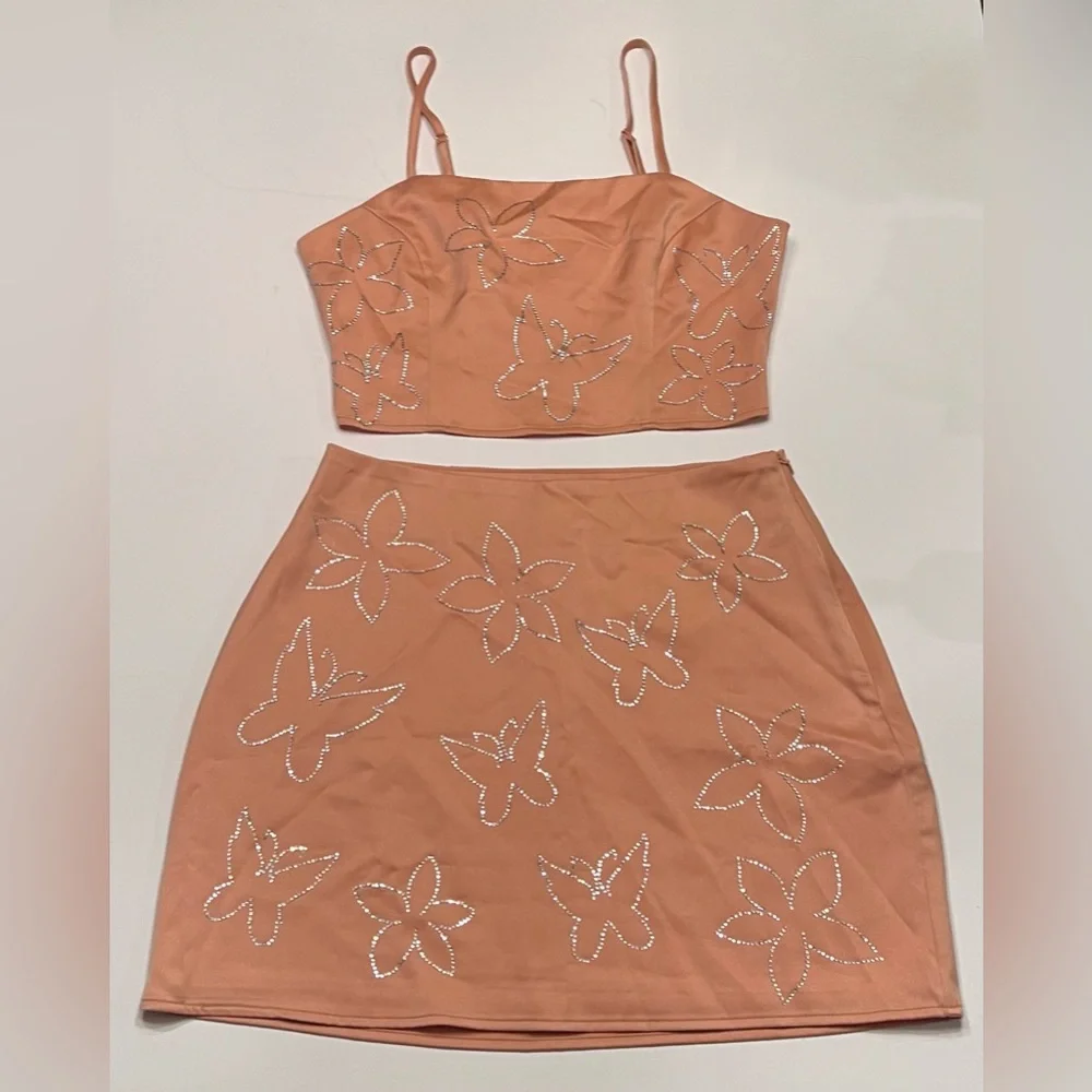 Le Lis Crop Camisole Top & Mini Skirt‎ Set in Nude Peach Rhinestones Size XS/S